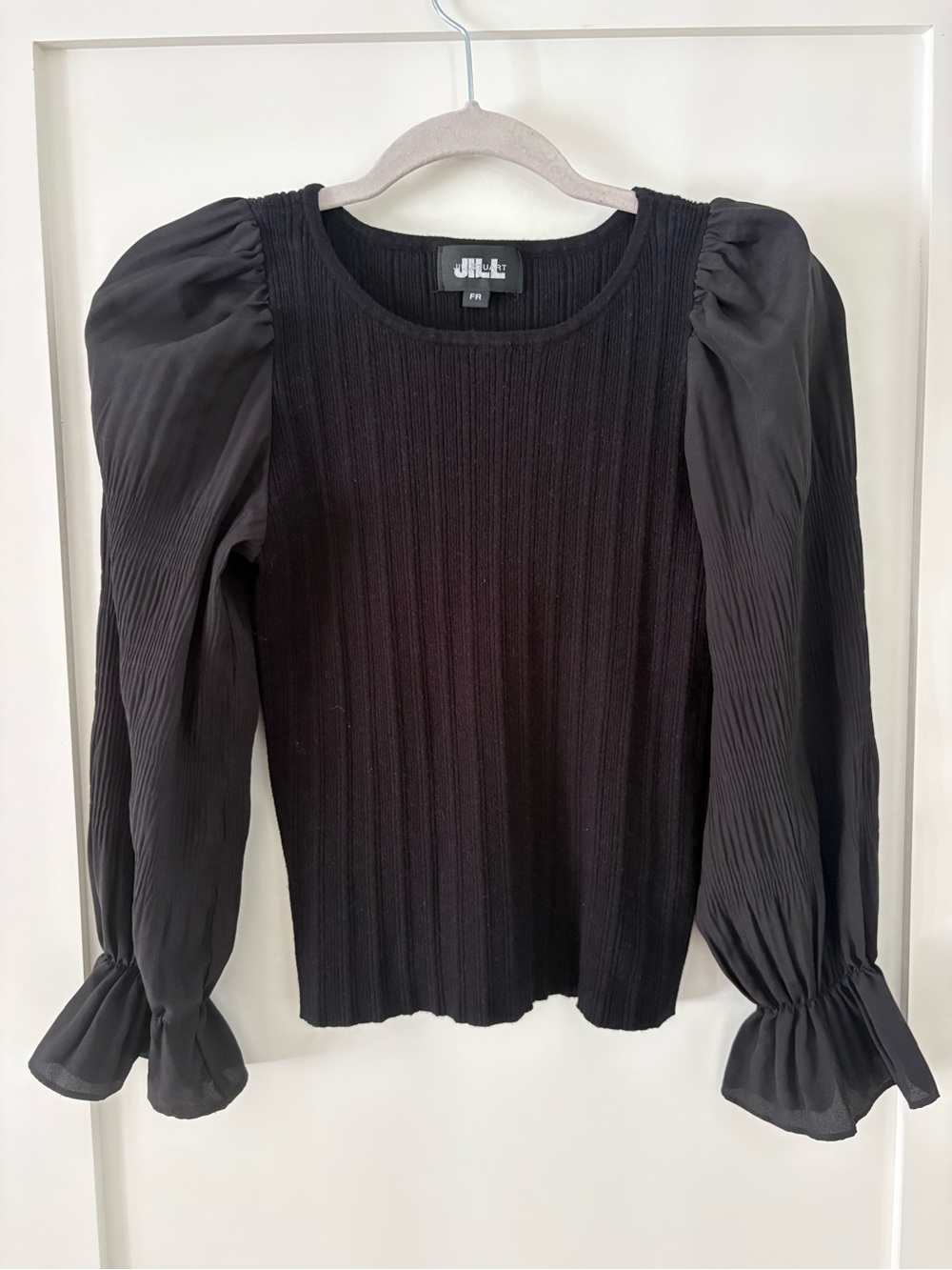 Jill Stuart Black Puff Sleeve Blouse FR | Ribbed Knit | Elegant Minimalist Top
